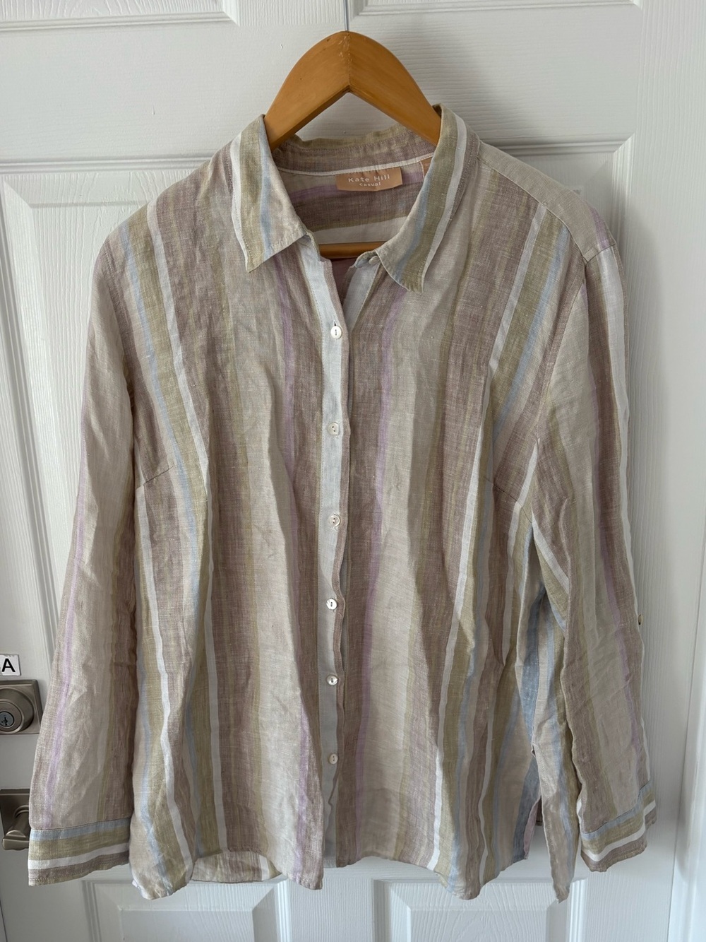 Kate Hill Casual 100% Linen Striped Button Down Shirt Size XL